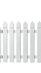 A classic white picket fence against a black background. The fence is clean and symmetrical