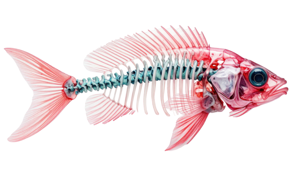 Illustration of a fish with transparent flesh revealing a colorful skeleton - Powered by Adobe