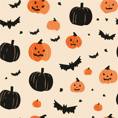 Halloween seamless pattern, minimal vector by pumpkins bats