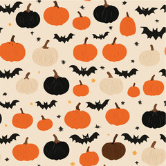 Halloween seamless pattern, minimal vector by pumpkins bats