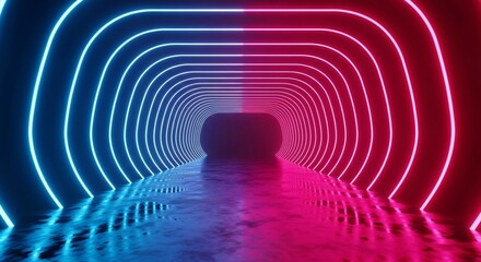 Enter the vibrant neon tunnel with red and blue lights for a stunning backdrop