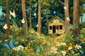 Obraz premium a painting of a house in the woods