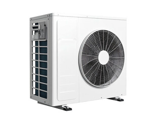 A white, rectangular outdoor HVAC unit with a fan, fins, and a dark grille