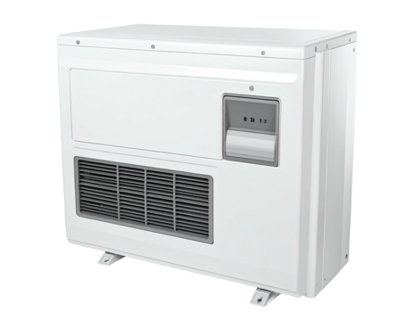 Boxy white HVAC unit with vents, a recessed panel, and mounting feet