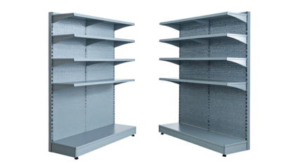 Two matching empty retail store shelves, angled toward each other, against a black background