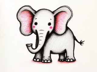 Cute cartoon baby elephant drawing with pink ears and cheeks.