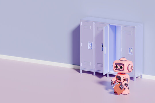 3d robot with clipboard standing by school lockers in office environment