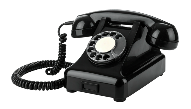 A classic black rotary dial telephone, depicted against a pure black background