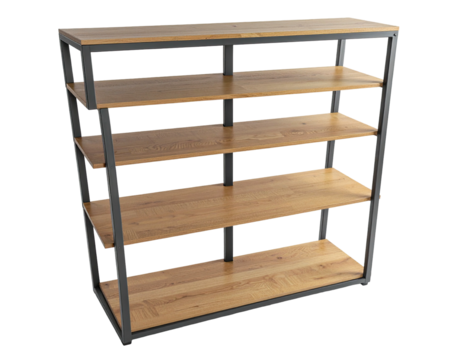 Angled shot of a wooden shelf unit with a gray metal frame and five shelves