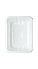 Top-down shot of a white, rectangular, disposable food container with ridged detailing