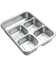 Angled, metallic, five-compartment food tray, shiny surface, isolated on black