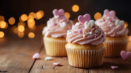 Delicious homemade cupcakes with pink frosting and heart decorations sit on a wooden table, with warm bokeh lights in the background creating a soft, romantic, and festive ambiance.