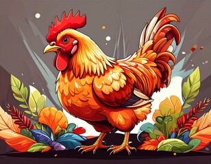 Vibrant rooster amidst autumnal foliage