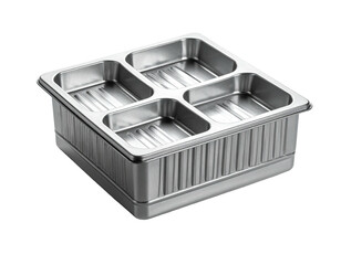 Stainless steel food service tray with four square compartments and a corrugated base