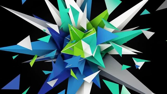 Abstract 3D geometric explosion with sharp colorful triangles on a black background.