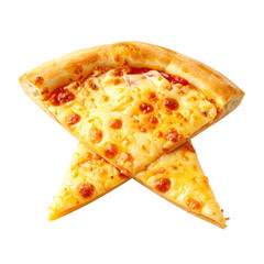 Two overlapping pizza slices with melted cheese, tomato sauce, and golden crust, isolated