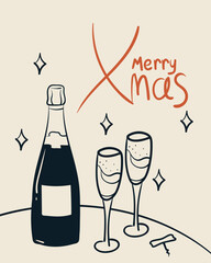 Merry Christmas greeting card. Doodle drawing of champagne bottle and wine glasses. Vintage ink sketch minimalist style. Hand drawn retro style vector illustration.