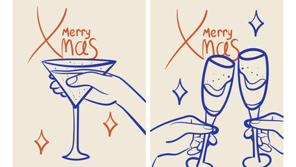 Merry Christmas greeting card set. Doodle drawing of hands holding wine glasses. Wine or champagne cheers. Vintage ink sketch minimalist style. Hand drawn retro style vector illustration.