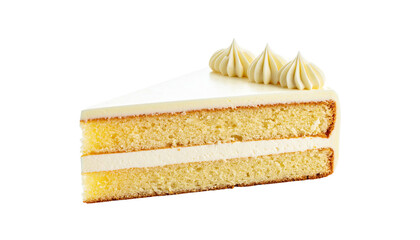 A slice of layered vanilla cake with white frosting, garnished with piped cream dollops