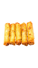 Five golden-brown, crispy rolls arranged in a row, cut ends visible, set against black