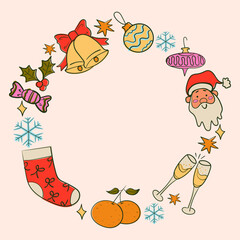 Christmas doodle colorful circle frame. Hand drawn Christmas toys, flute, snowflake, Santa decoration symbol. Vector illustration.