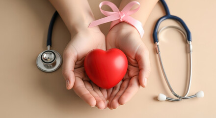 Hands holding red heart with pink ribbon and stethoscope showing cardiovascular health awareness