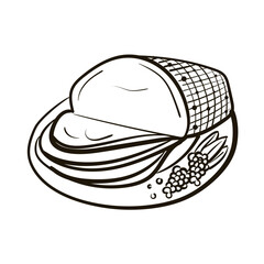 Roasted beef on plate with Christmas decoration. Doodle ink sketch minimalist style. Hand drawn retro style vector illustration.