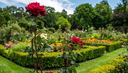 Vibrant roses in a meticulously landscaped garden