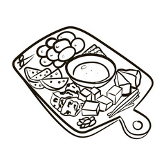 Cheese platter on wooden board. Doodle ink sketch minimalist style. Hand drawn retro style vector illustration.