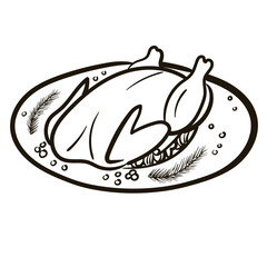 Roasted chicken on plate with Christmas decoration. Doodle ink sketch minimalist style. Hand drawn retro style vector illustration.