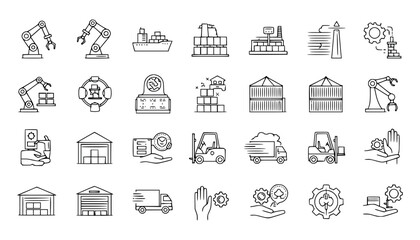 Vector art of collection of industrial and manufacturing icons, including robots, factories, trucks, and construction elements