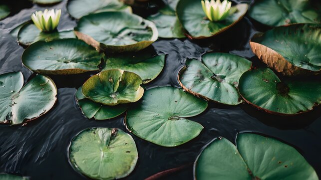 Aquatic scene featuring serene lily pads with vibrant green leaves and small white flowers floating upon calm, dark water creating a tranquil and peaceful natural environment. - Powered by Adobe