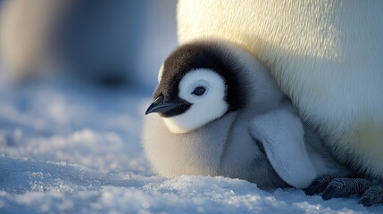 A fluffy emperor penguin chick nestled on snow, sheltered by its parent, capturing the essence of warmth and nurturing in a cold environment.