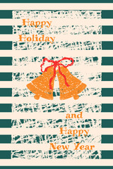 Christmas greeting poster with bells and bow in vintage style with pastel texture. Vector template for banners, posts, and covers