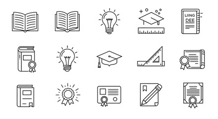 Set of educational icons representing knowledge, learning, graduation, and academic achievement, perfect for study resources and school materials