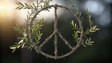 stop war illustration Symbolic peace sign made of barbed wire and olive branches, representing hope and resilience.