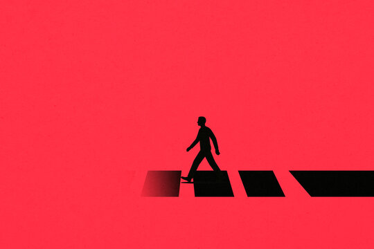 Man walking on abstract crosswalk on red background illustration