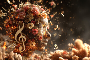 La mente florece en armonía sonora: gesto metálico, explosión creativa y ritmo emocional suspendido.Cabeza humana con flores y notas musicales, fondo dinámico, textura metálica, imagen surrealista.