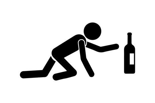 Stickman crawling toward wine bottle icon. Drunk man silhouette reaching for alcohol on the floor, symbol of addiction, alcoholism, or overdrinking problem, black vector illustration isolated.