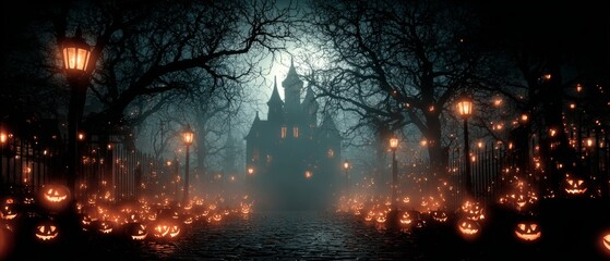 Fototapeta premium Haunted castle adventure: a kid's spooky imagination unleashed. Visual identity. Pumpkin paradise: moonlit majesty over enchanted spooky fortress. Dark aesthetic. Creative poster.