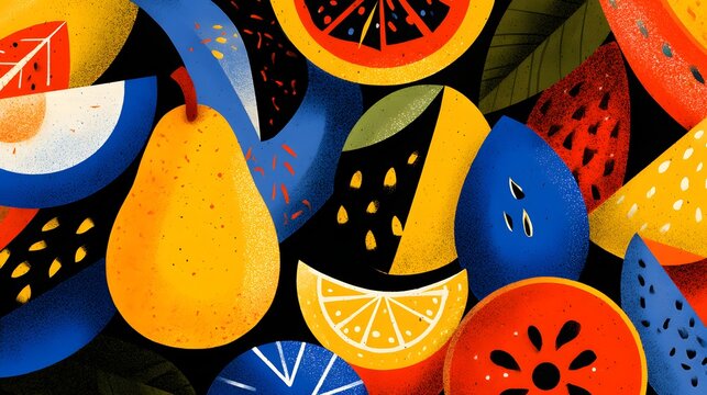 Colorful, stylized illustration showcases an array of vibrant fruit slices and whole fruit arrangements against a rich, dark background.