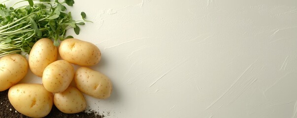 Fresh, unpeeled potatoes are displayed with green sprouts on a textured background, highlighting their earthy appeal and natural origins.
