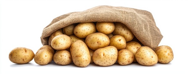 A burlap sack spilling over with fresh, unpeeled potatoes, showcasing their earthy texture and natural color.