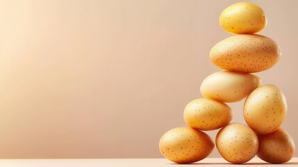 A stack of golden potatoes arranged aesthetically against a soft, neutral background, showcasing their smooth texture and earthy tones.