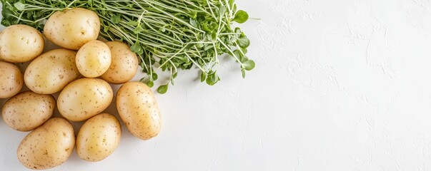 Fresh potatoes arranged on a light background, accompanied by vibrant microgreens, highlighting a healthy and natural food theme.