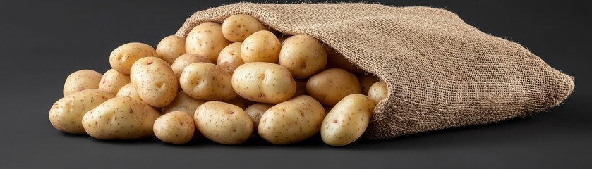 A burlap sack spills fresh, earthy potatoes onto a dark surface, showcasing their natural texture and varying sizes.