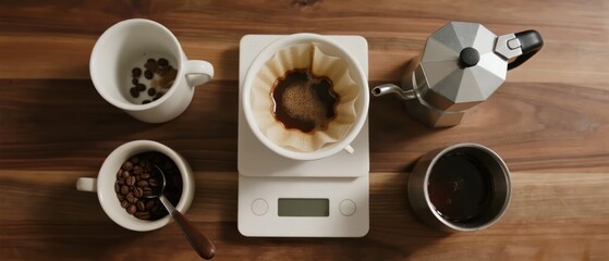 Top view of Pour Over Coffee Maker with Manual Grinder and Digital Scale