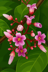 A digital illustration of delicate pink starfruit flowers blooming on a branch, surrounded by rich green leaves. The blossoms feature soft pink petals with yellow centers, accompanied by unopened buds