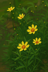 A digital illustration of bright yellow wildflowers blooming amidst lush green foliage. The flowers have vivid yellow petals with red centers, standing out beautifully against the dark green backgroun