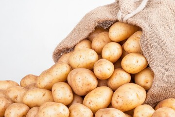 A burlap sack spills over with fresh, golden potatoes, showcasing their natural texture and earthy appeal against a plain background.
